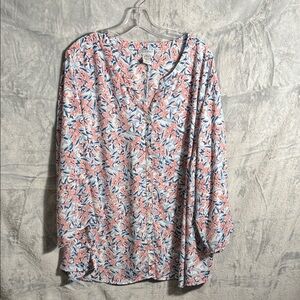 Catherines blouse 3X plus size button up Pink Blue‎ Floral Blouse rolled sleeve